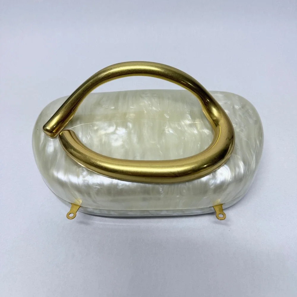 Unbranded Pearl White Marbled Acrylic Clutch Gold Sculptural Handle Minaudiere